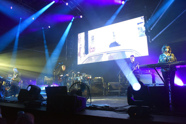 LONG BEACH, CA - SEPTEMBER 29: (L-R) Musicians Phil Cunningham, Bernard Sumner, Stephen Morris, Tom Chapman and Gillian Gilbert of the band New Order perform onstage during the Music Tastes Good Festival at Marina Green Park on September 29, 2018 in Long Beach, California. (Photo by Scott Dudelson/Getty Images)