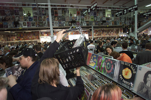 Amoeba Records, an enormous independent record store from the Bay Area, is opening up shop in the heart of Hollywood. Loaded with highly collectible vinyl, there will be a long line of people waiting to get in when the store opens. Amoeba Records, an enormous independent record store from the bay area, opened up a new shop in the heart of Hollywood Saturday, November 17, 2001. The story is about how Amoeba's opening will affect indie record stores in the area. General scene inside the store. (Photo by Annie