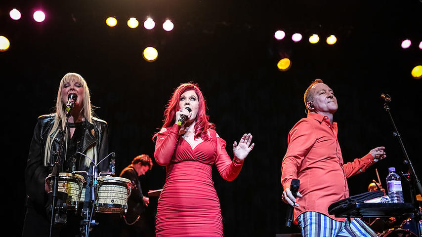 LONDON, UNITED KINGDOM - AUGUST 16: Cindy Wilson, Kate Pierson and Fred Schneider of The B-52's perform on stage at Indigo2 at O2 Arena on August 16, 2013 in London, England. (Photo by Christie Goodwin/Redferns via Getty Images)